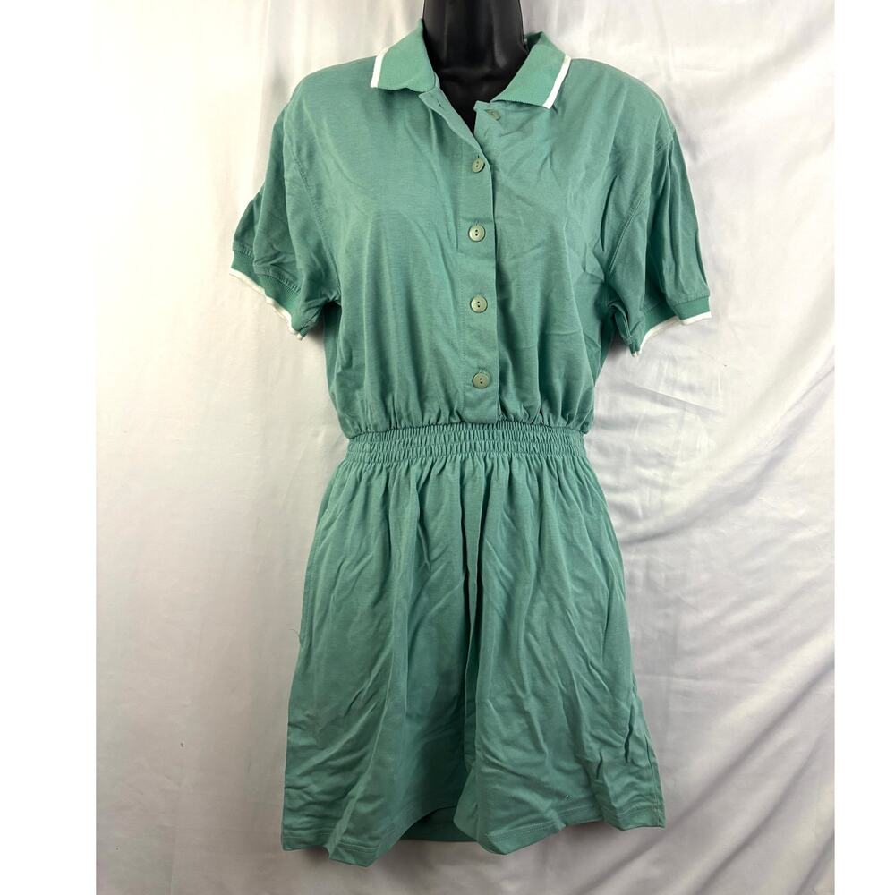 VTG Bold Spirit Sage Green Collared‎ Polo Mini Dress White Trim Elastic Waist S